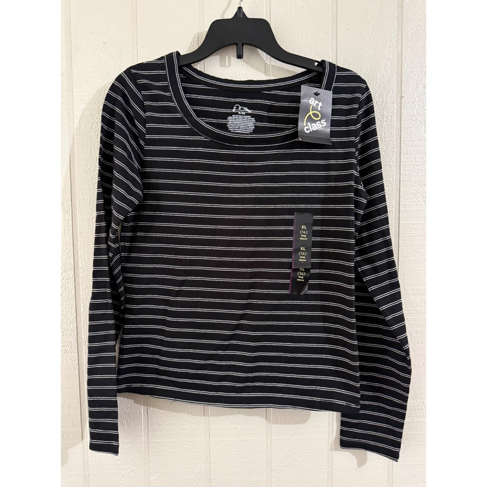 Art Class Girls XL 14 Black White Striped Long Sleeve Scoop Neck Top NWT